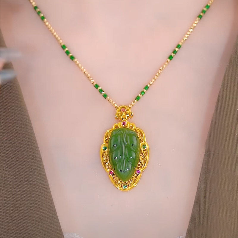 Gold Disk Leaf Natural Emerald Jade Stone Necklace
