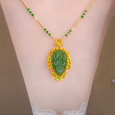 Gold Disk Leaf Natural Emerald Jade Stone Necklace
