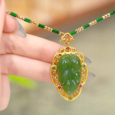 Gold Disk Leaf Natural Emerald Jade Stone Necklace