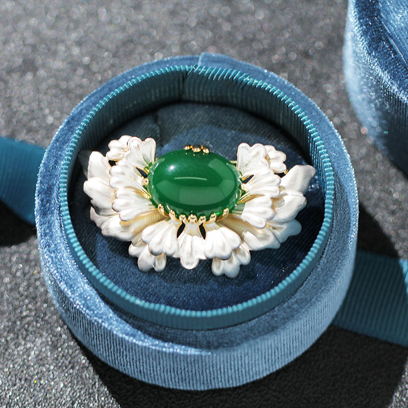 Peony Natural Emerald Jade Stone Brooch