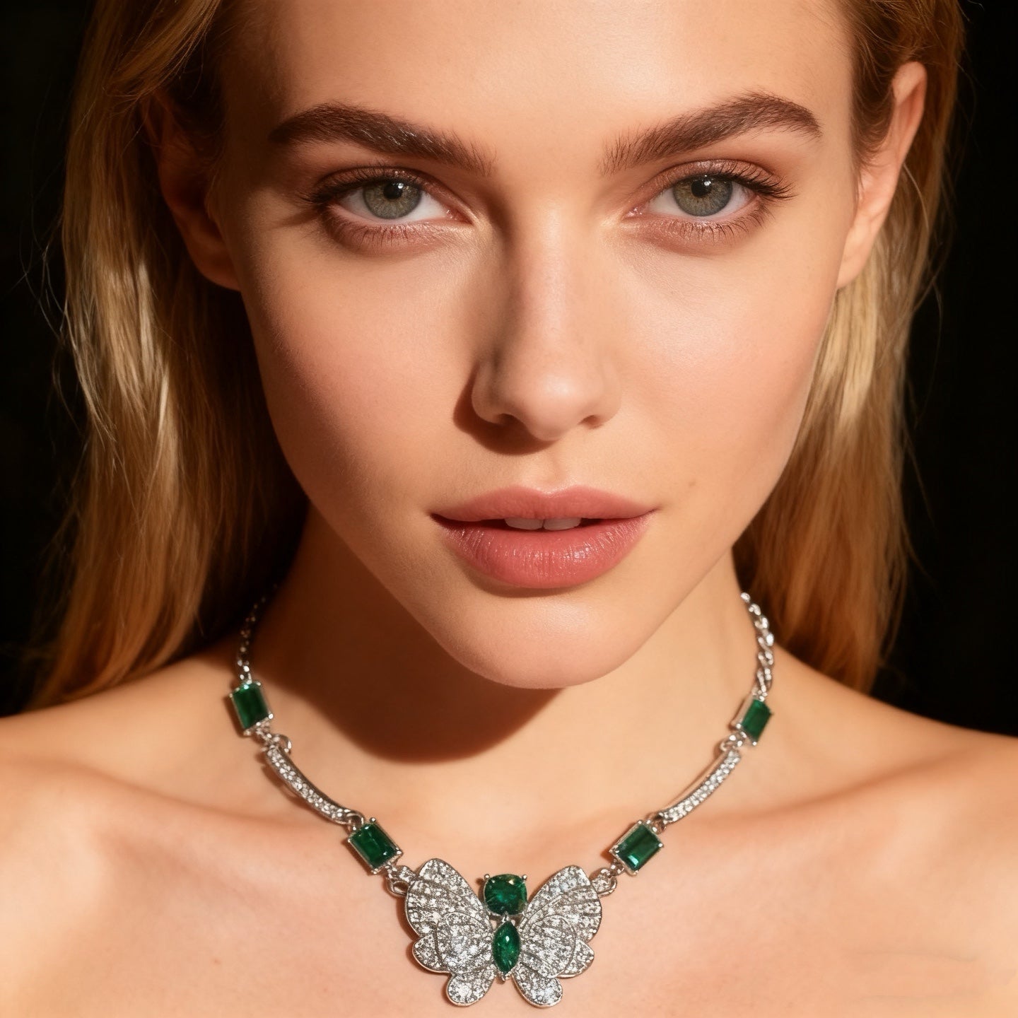Green Crystal Butterfly Diamond Necklace