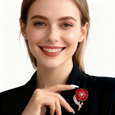 Crystal & Enamel Poppy Flower Brooch