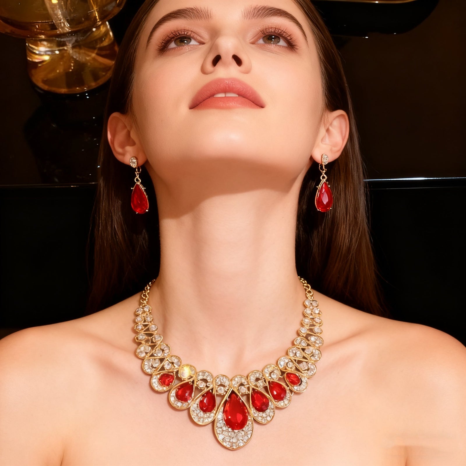 18K Gold Red Crystal & Diamond Necklace & Earring Set