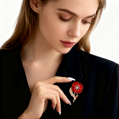 Crystal & Enamel Poppy Flower Brooch