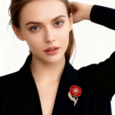 Crystal & Enamel Poppy Flower Brooch
