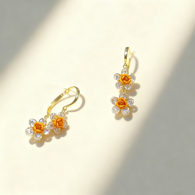 Orange Rose Double-Layer Blossom Earrings