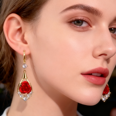 18K Gold Diamond-Set Red Rose Earrings