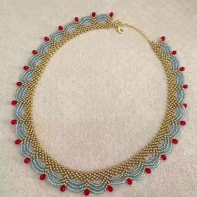 Lace Red and Blue Contrast Beaded Necklace