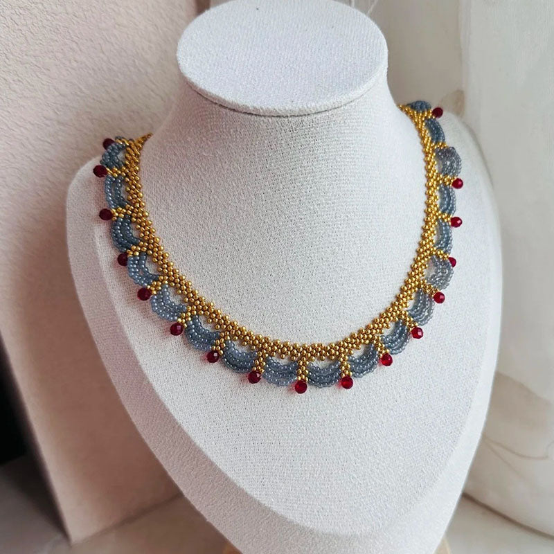 Lace Red and Blue Contrast Beaded Necklace