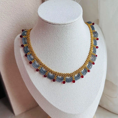 Lace Red and Blue Contrast Beaded Necklace