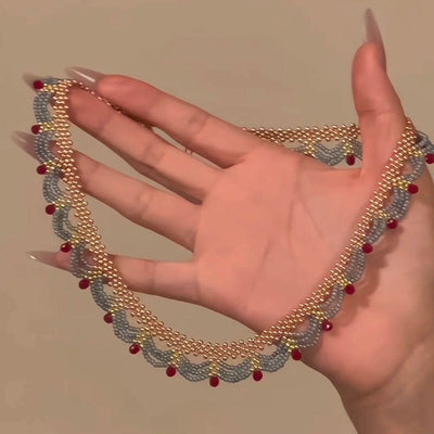 Lace Red and Blue Contrast Beaded Necklace