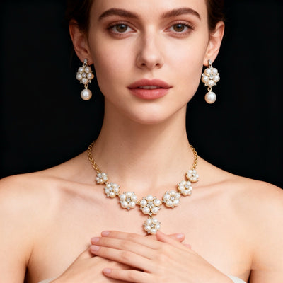 18K Gold Pearl & Diamond Cluster Necklace & Earring Set