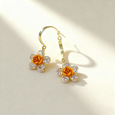 Orange Rose Double-Layer Blossom Earrings