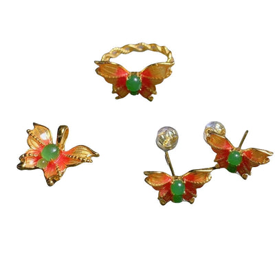 Butterfly Natural Emerald Jade Stone Earrings, Rings, Necklaces