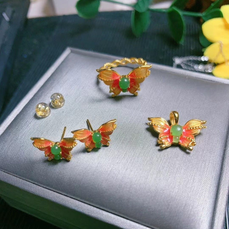 Butterfly Natural Emerald Jade Stone Earrings, Rings, Necklaces