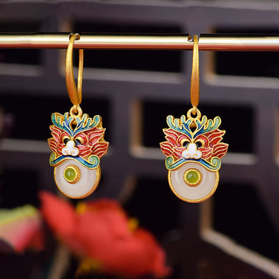Dragon Enamel Natural Emerald Jade Stone Earrings