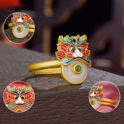 Dragon Enamel Natural Emerald Jade Stone Ring