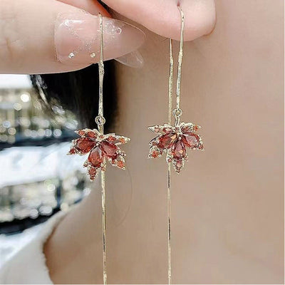 Maple Leaf Tassel Crystal Stud Earrings
