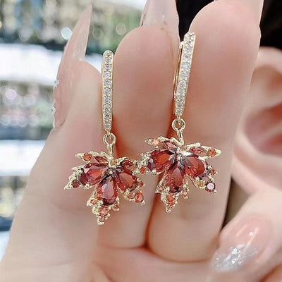 Maple Leaf Tassel Crystal Stud Earrings