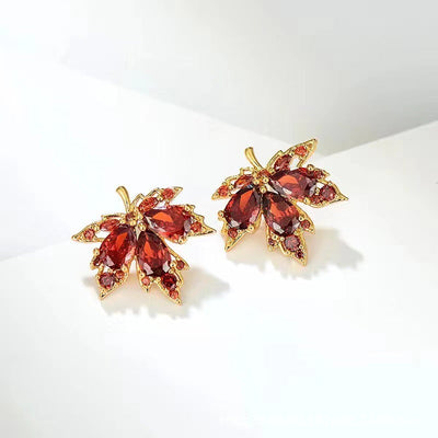 Maple Leaf Tassel Crystal Stud Earrings