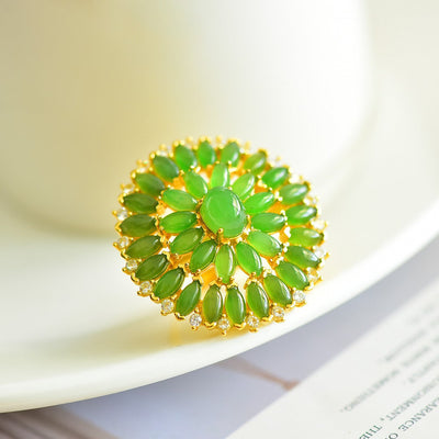 Round Flower Natural Emerald Jade Stone Earrings Ring Pendant