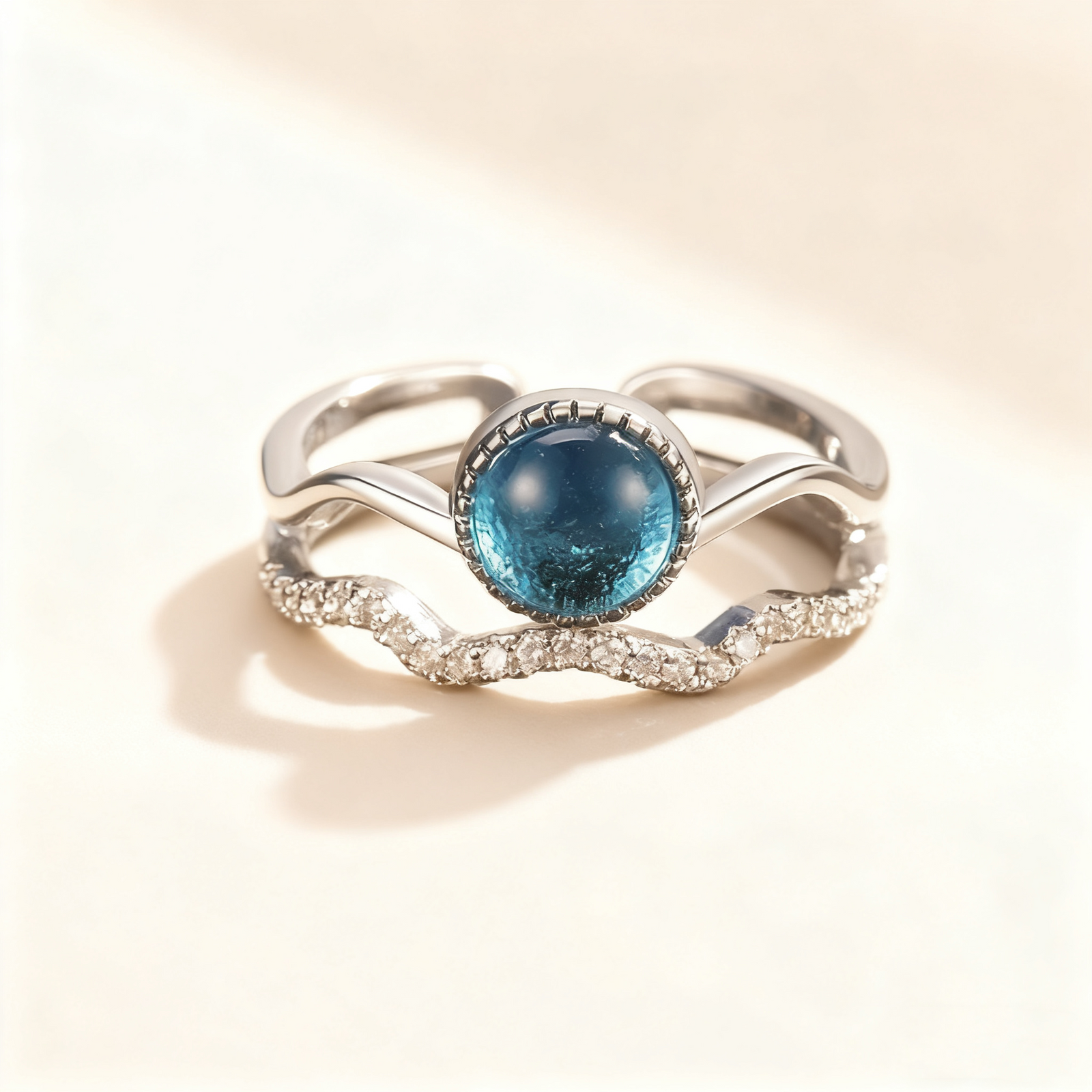Blue Cat’s Eye & Diamond Double-Row Ring