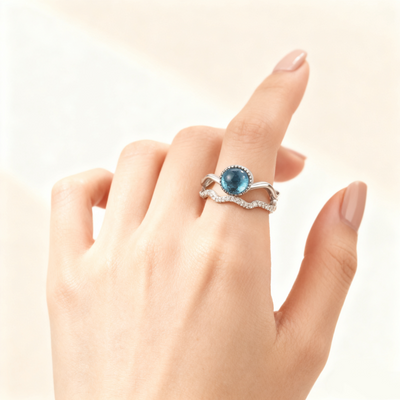 Blue Cat’s Eye & Diamond Double-Row Ring