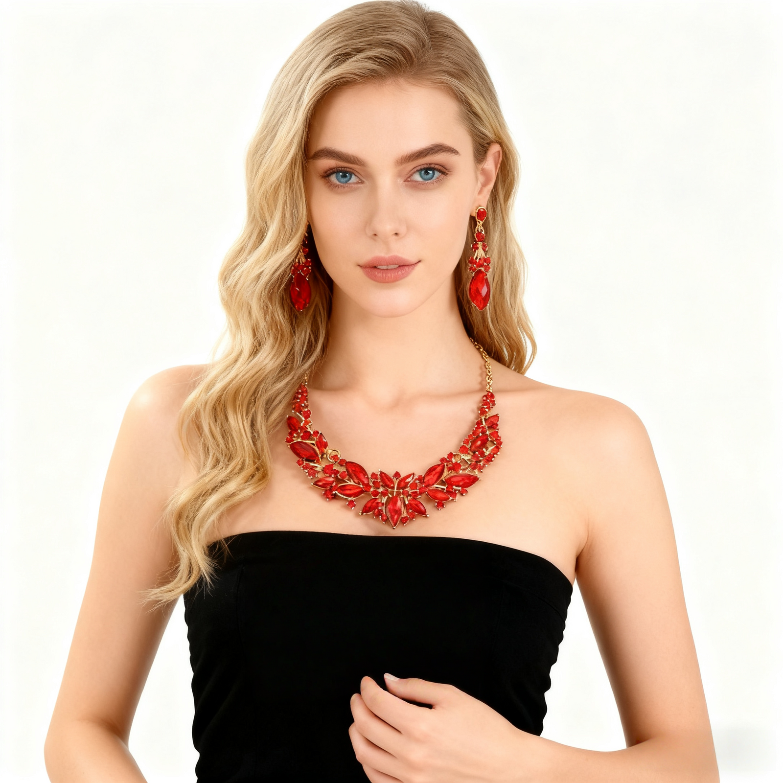18K Gold Red Crystal Necklace & Earring Set
