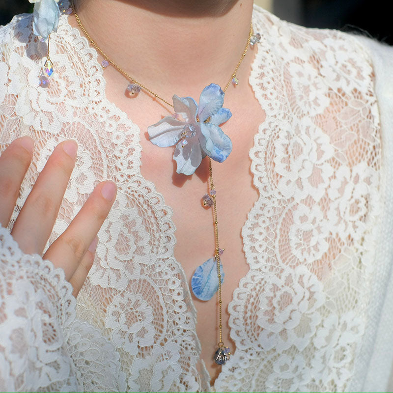 Fabric Flower Natural Crystal Necklace