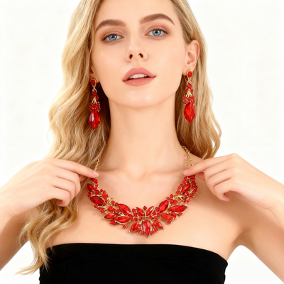 18K Gold Red Crystal Necklace & Earring Set