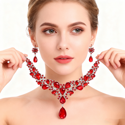925 Silver Red Crystal Necklace & Earrings Set