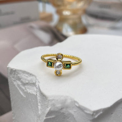 Square Zircon Natural Freshwater Pearl Ring