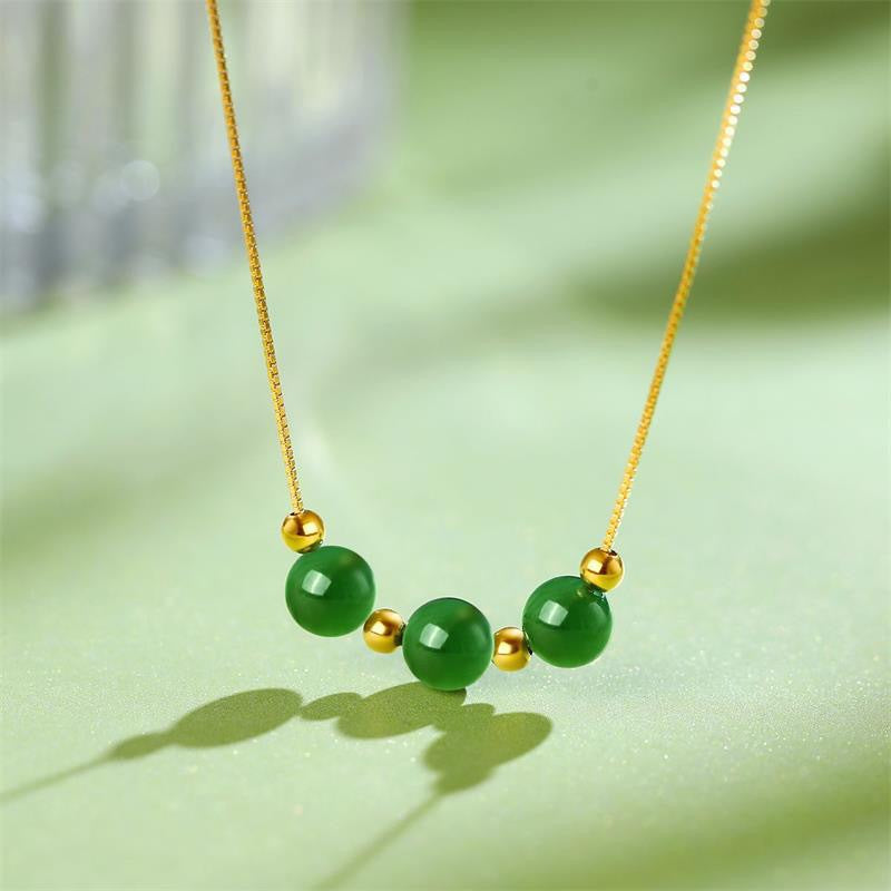 Three Star Annunciation Natural Emerald Jade Stone Necklace