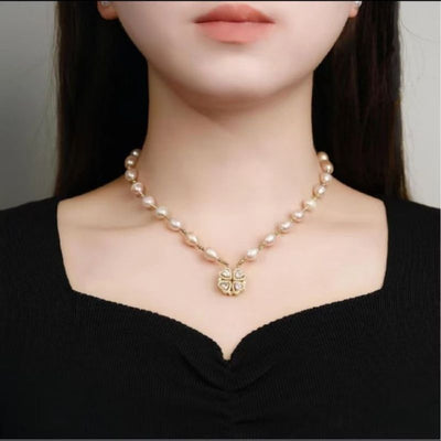 Two-Wear Four-Leaf Clover Natural Freshwater Pearl Necklace