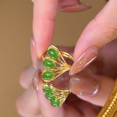 Silver Phoenix Tail Emerald Jade Stone Ring