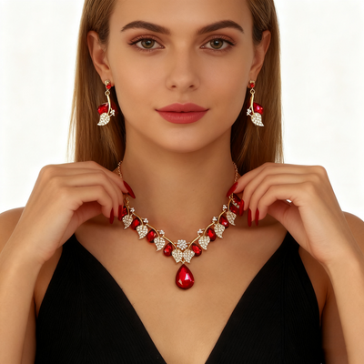 Red Crystal Diamond Necklace & Earring Set