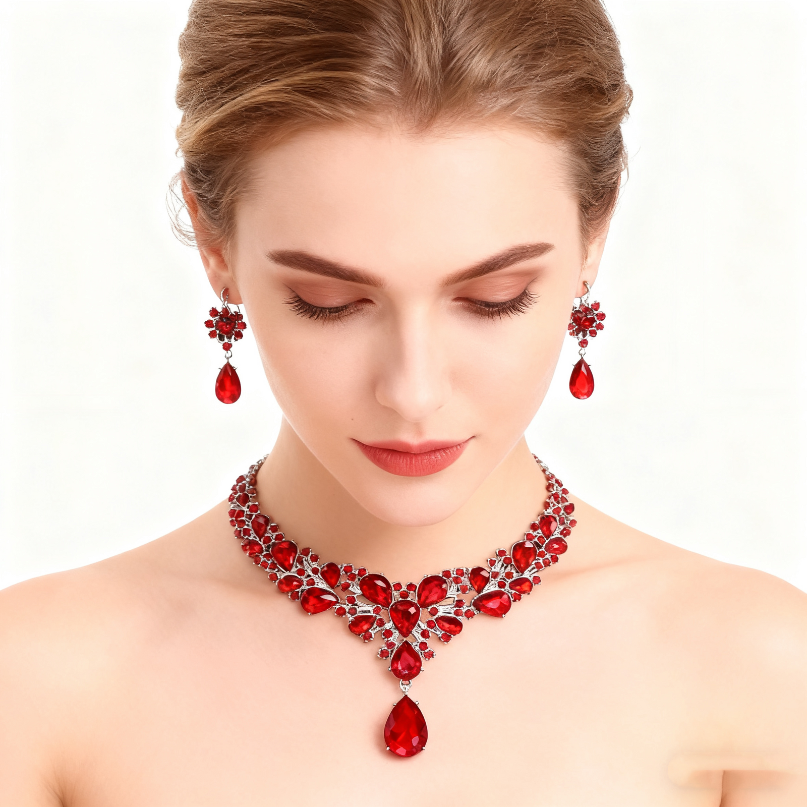 925 Silver Red Crystal Necklace & Earrings Set