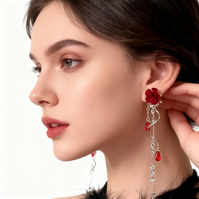 Red Velvet Rose Crystal Earrings