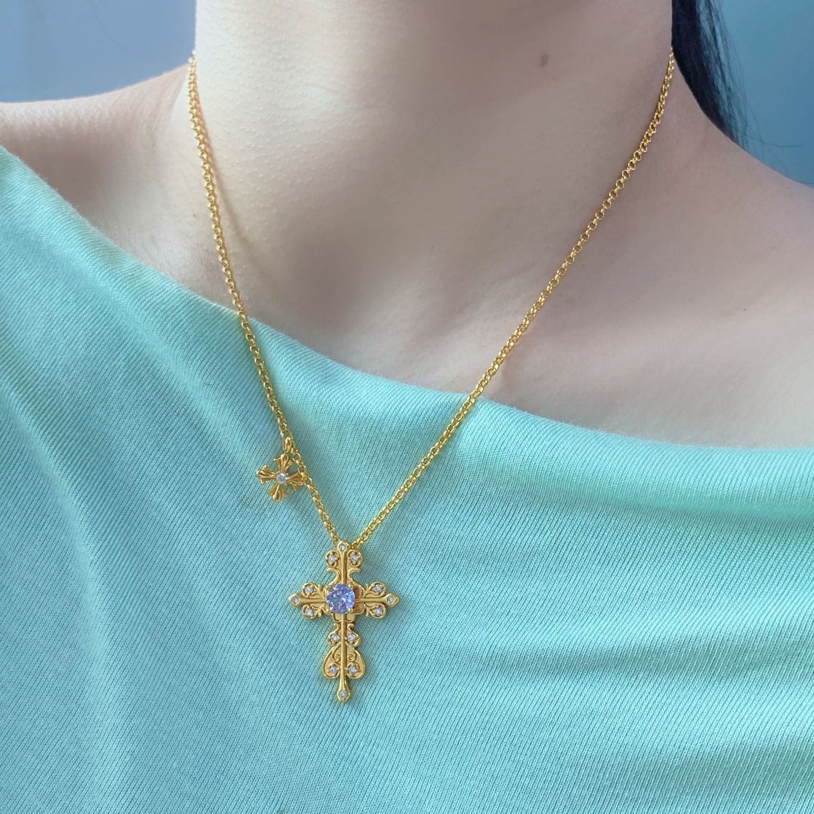 Vintage Cross  Lavender Crystal Necklace