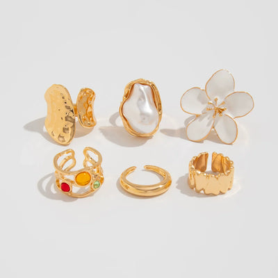 "Bloom & Pearl" Retro Gold Ring Set（6 Pieces）