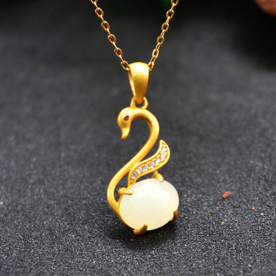 Gold Swan Emerald Jade Stone Necklace