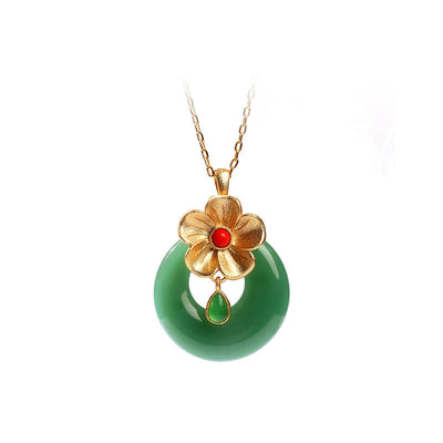 Natural emerald Jade stone five-petal flower necklace