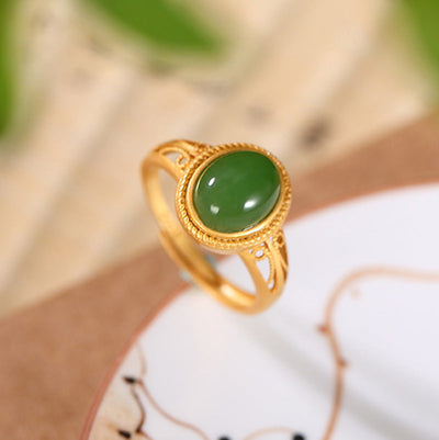 Egg-Shaped Emerald Jade Stone Cutout Ring