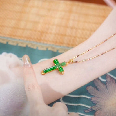 Cross Emerald Jade stone necklace