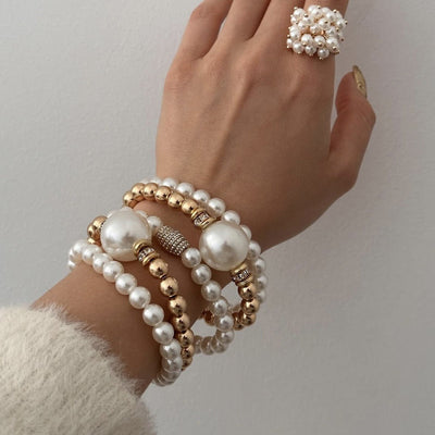 18K Gold & 925 Silver Pearl Layered Bracelet Sets