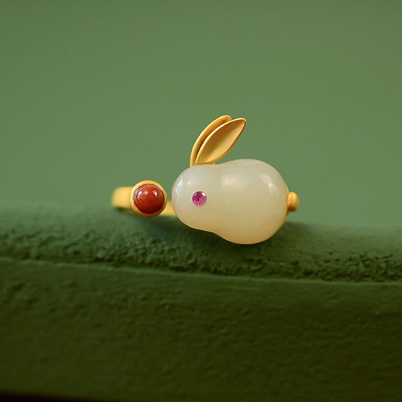 Cute Jade Rabbit Emerald Jade Stone Ring