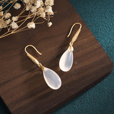 18K Gold White Jade Teardrop Earrings