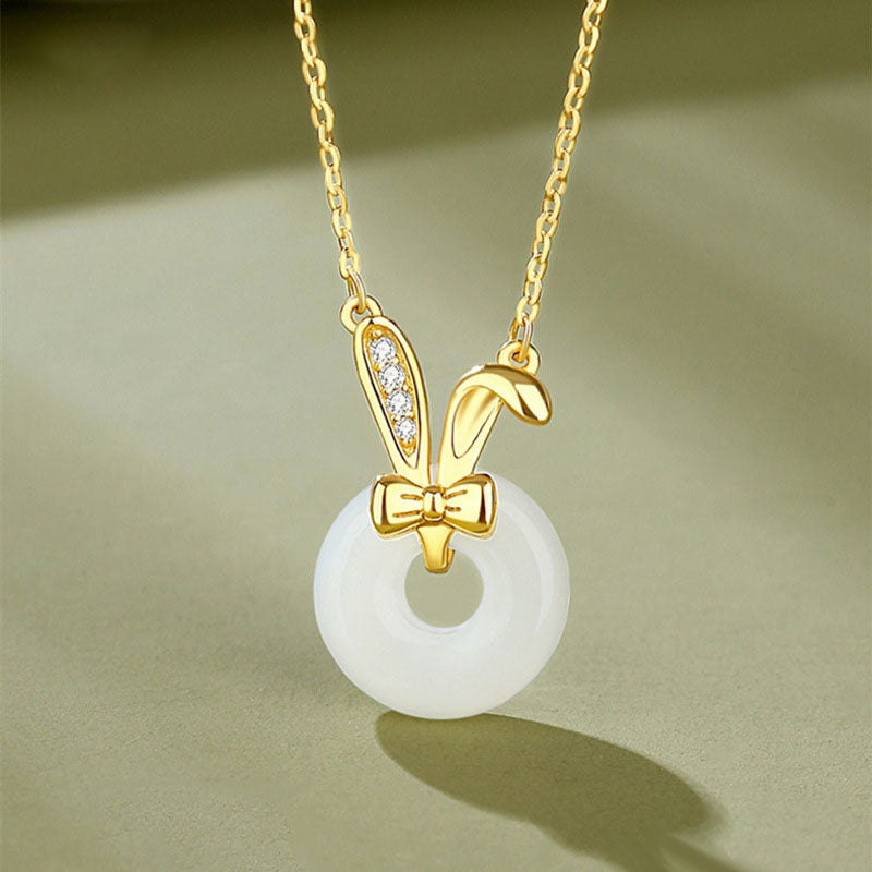Rabbit Ears Bow Emerald Jade Stone Necklace