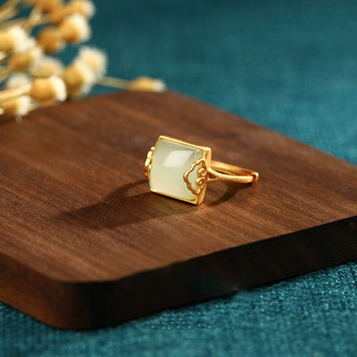 Square Auspicious Cloud Emerald Jade Stone Ring