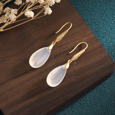 18K Gold White Jade Teardrop Earrings